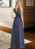 Lexi A-Line V-neck Floor-Length Chiffon Bridesmaid Dress With Ruffle Split Front STKP0013112