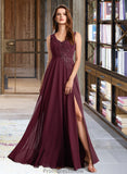 Taylor A-Line V-neck Floor-Length Bridesmaid Dress With Lace STKP0013117