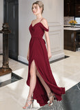 Bianca A-Line V-neck Floor-Length Chiffon Bridesmaid Dress With Bow(s) Split Front Cascading Ruffles STKP0013123