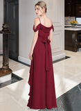 Bianca A-Line V-neck Floor-Length Chiffon Bridesmaid Dress With Bow(s) Split Front Cascading Ruffles STKP0013123