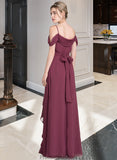 Bianca A-Line V-neck Floor-Length Chiffon Bridesmaid Dress With Bow(s) Split Front Cascading Ruffles STKP0013123