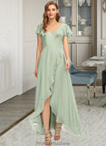 Danica A-Line V-neck Asymmetrical Chiffon Bridesmaid Dress With Cascading Ruffles STKP0013130