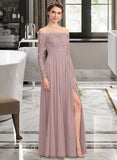 Virginia A-Line Off-the-Shoulder Floor-Length Chiffon Lace Bridesmaid Dress With Split Front STKP0013131