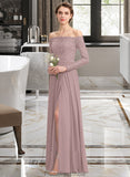 Virginia A-Line Off-the-Shoulder Floor-Length Chiffon Lace Bridesmaid Dress With Split Front STKP0013131