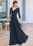 Vivienne A-Line V-neck Floor-Length Chiffon Bridesmaid Dress With Ruffle Bow(s) STKP0013132