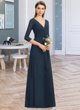 Vivienne A-Line V-neck Floor-Length Chiffon Bridesmaid Dress With Ruffle Bow(s) STKP0013132