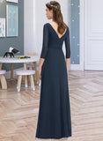 Vivienne A-Line V-neck Floor-Length Chiffon Bridesmaid Dress With Ruffle Bow(s) STKP0013132