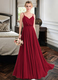 Lily A-Line V-neck Floor-Length Chiffon Bridesmaid Dress With Bow(s) STKP0013135