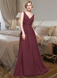 Sadie A-Line V-neck Floor-Length Chiffon Bridesmaid Dress With Ruffle Lace Beading Sequins STKP0013136