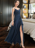 Leanna A-Line V-neck Floor-Length Bridesmaid Dress With Split Front Pockets STKP0013142