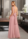 Yesenia A-Line V-neck Floor-Length Bridesmaid Dress With Ruffle Bow(s) STKP0013148