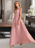 Yesenia A-Line V-neck Floor-Length Bridesmaid Dress With Ruffle Bow(s) STKP0013148