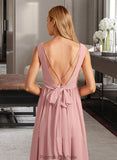 Yesenia A-Line V-neck Floor-Length Bridesmaid Dress With Ruffle Bow(s) STKP0013148