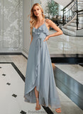 Valeria A-Line V-neck Asymmetrical Bridesmaid Dress With Ruffle STKP0013155