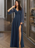 Trudie A-Line V-neck Floor-Length Bridesmaid Dress With Split Front STKP0013158