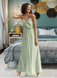 Saniyah A-Line V-neck Floor-Length Bridesmaid Dress With Ruffle STKP0013164