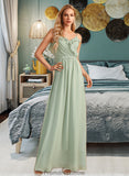 Saniyah A-Line V-neck Floor-Length Bridesmaid Dress With Ruffle STKP0013164