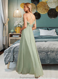 Saniyah A-Line V-neck Floor-Length Bridesmaid Dress With Ruffle STKP0013164