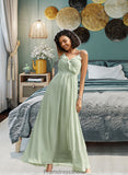 Saniyah A-Line V-neck Floor-Length Bridesmaid Dress With Ruffle STKP0013164