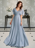 Lucille A-Line V-neck Floor-Length Bridesmaid Dress With Ruffle STKP0013165