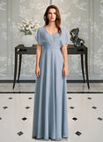 Lucille A-Line V-neck Floor-Length Bridesmaid Dress With Ruffle STKP0013165