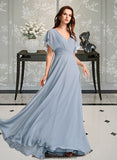 Lucille A-Line V-neck Floor-Length Bridesmaid Dress With Ruffle STKP0013165