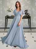 Lucille A-Line V-neck Floor-Length Bridesmaid Dress With Ruffle STKP0013165