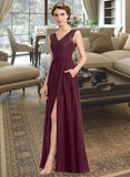 Geraldine A-Line V-neck Floor-Length Chiffon Lace Bridesmaid Dress With Beading Sequins Split Front Pockets STKP0013168