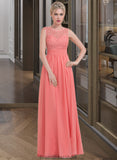 Amiya A-Line Scoop Neck Floor-Length Chiffon Lace Bridesmaid Dress With Ruffle STKP0013171