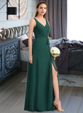 Sandra A-Line V-neck Floor-Length Chiffon Bridesmaid Dress With Ruffle Bow(s) Split Front STKP0013181