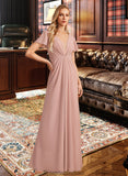 Alani A-Line V-neck Floor-Length Bridesmaid Dress With Ruffle STKP0013183