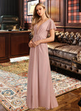 Alani A-Line V-neck Floor-Length Bridesmaid Dress With Ruffle STKP0013183