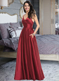 Kassandra A-Line V-neck Floor-Length Satin Bridesmaid Dress With Ruffle Pockets STKP0013187