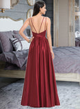 Kassandra A-Line V-neck Floor-Length Satin Bridesmaid Dress With Ruffle Pockets STKP0013187