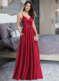 Kassandra A-Line V-neck Floor-Length Satin Bridesmaid Dress With Ruffle Pockets STKP0013187