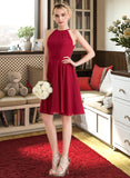 Yoselin A-Line Scoop Neck Knee-Length Chiffon Bridesmaid Dress With Ruffle Bow(s) STKP0013189