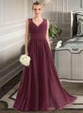 Baylee A-Line V-neck Floor-Length Chiffon Lace Bridesmaid Dress With Ruffle Bow(s) STKP0013191