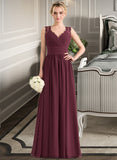 Baylee A-Line V-neck Floor-Length Chiffon Lace Bridesmaid Dress With Ruffle Bow(s) STKP0013191