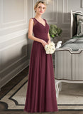 Baylee A-Line V-neck Floor-Length Chiffon Lace Bridesmaid Dress With Ruffle Bow(s) STKP0013191