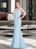 Lizeth Trumpet/Mermaid Scoop Neck Sweep Train Chiffon Tulle Bridesmaid Dress With Ruffle STKP0013194