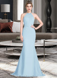 Lizeth Trumpet/Mermaid Scoop Neck Sweep Train Chiffon Tulle Bridesmaid Dress With Ruffle STKP0013194