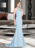 Lizeth Trumpet/Mermaid Scoop Neck Sweep Train Chiffon Tulle Bridesmaid Dress With Ruffle STKP0013194