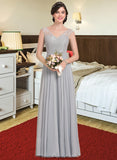 Kim A-Line V-neck Floor-Length Chiffon Lace Bridesmaid Dress With Bow(s) STKP0013203