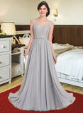 Kim A-Line V-neck Floor-Length Chiffon Lace Bridesmaid Dress With Bow(s) STKP0013203