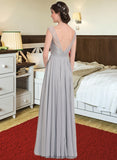 Kim A-Line V-neck Floor-Length Chiffon Lace Bridesmaid Dress With Bow(s) STKP0013203