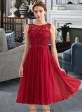 Kaley A-Line Scoop Neck Knee-Length Chiffon Lace Bridesmaid Dress With Beading Sequins STKP0013208