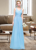 Molly A-Line V-neck Floor-Length Chiffon Bridesmaid Dress With Ruffle Bow(s) STKP0013211