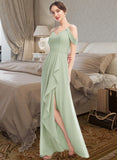 Ali A-Line V-neck Floor-Length Bridesmaid Dress With Ruffle Split Front STKP0013213