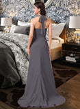 Bryanna A-Line Halter Sweep Train Chiffon Bridesmaid Dress With Bow(s) Cascading Ruffles STKP0013217