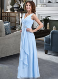 Beryl Chiffon V-neck Floor-length A-Line Bridesmaid Dress With Crystal Brooch And Cascading Ruffles STKP0013219